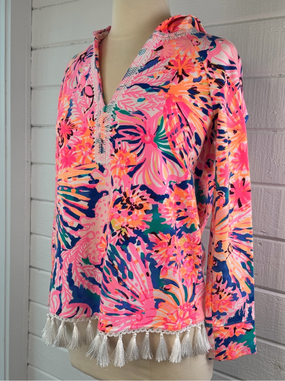 Lilly Pulitzer Harmon Hoodie Pullover Pink Swirling Seadream XS Fringe